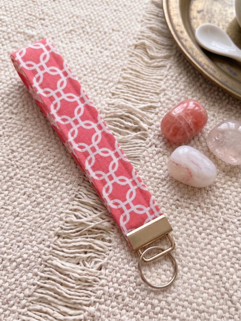 New Handmade Coral Pink White Trellis Lattice Geometric Fabric Key Fob Wristlet
